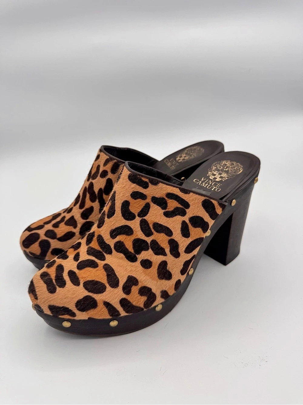 Vince Camuto Leopard Print Heeled Clogs Size 10